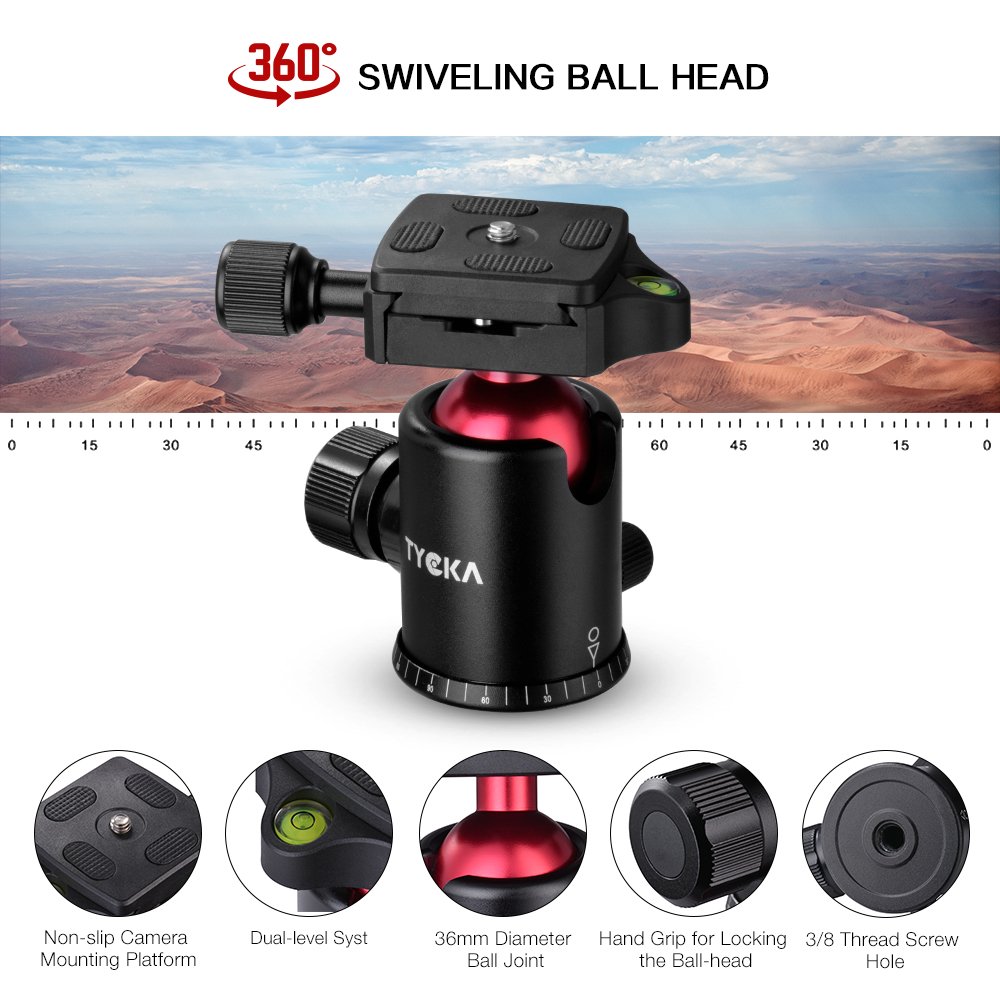 Tycka Trépied Caméra Appareil Photo,Trépied Ultraléger Aluminium 164cm , ,Supporte jusqu\'à 10kg les Caméscopes et Appareils Photo,tête panoramique pivotante (diamètre de 36mm),pour Canon Sony Nikon,avec Sac de Transport, Noir