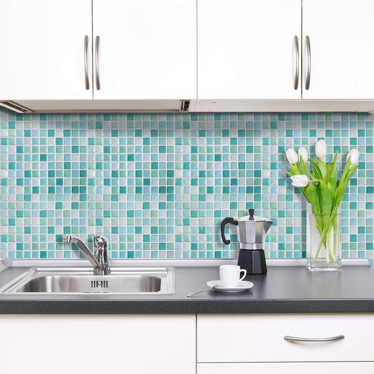 HyFanStr Peel and Stick Wall Tile Stickers, 3D Mosaic Kitchen Backsplash, Light Blue, 4 Pack, 9.29"x9.29"/23.6x23.6cm - Image 3