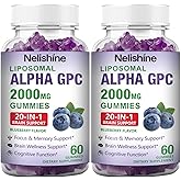 2 Pack Liposomal Alpha GPC 2000mg & Citicoline Gummies Complex Phosphatidylserine,Ginkgo Biloba,L-Tyrosine,Huperzine A & B Vitamins,20-in-1 Blend for Focus, Memory & Cognitive Support