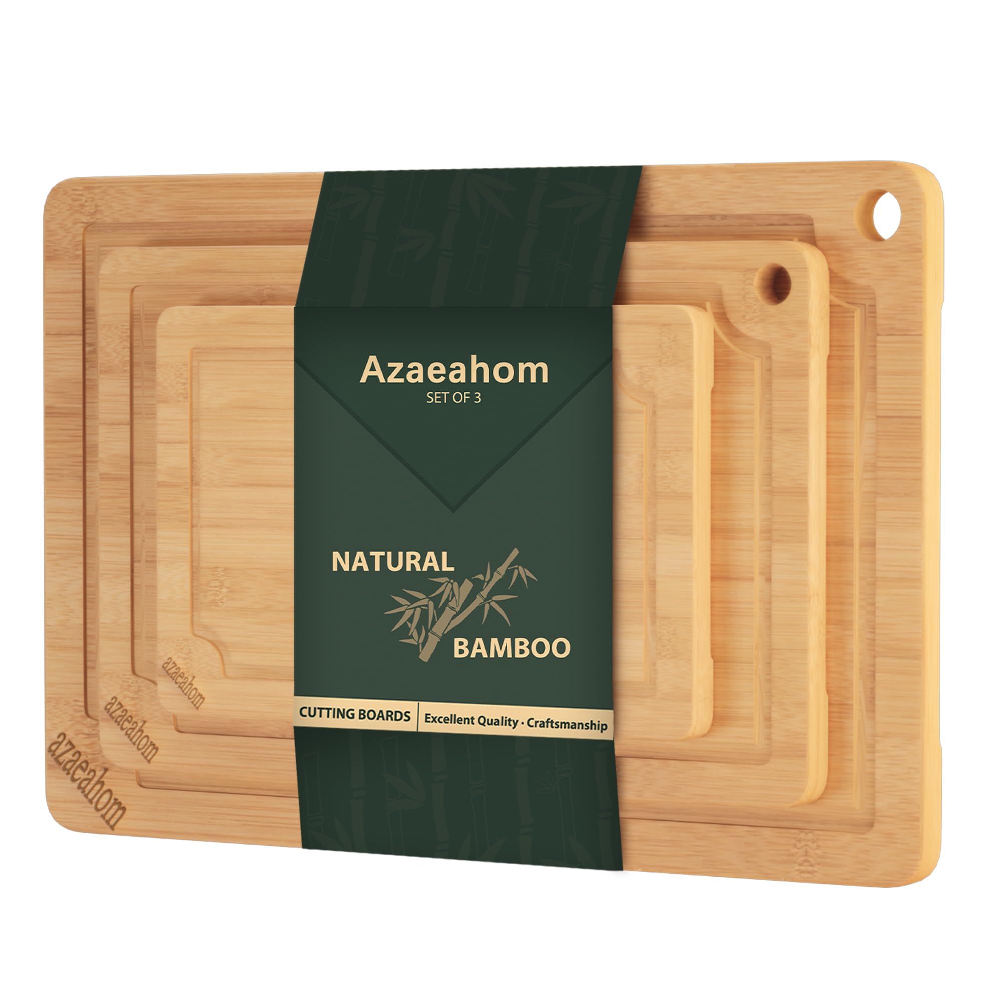 Photo 1 of Azaeahom Bamboo Cutting Boards for kitchen, Wood Cutting Board with Juice Grooves & Built-in Handles, Large Medium Small Chopping Board for Meat, Vegetables