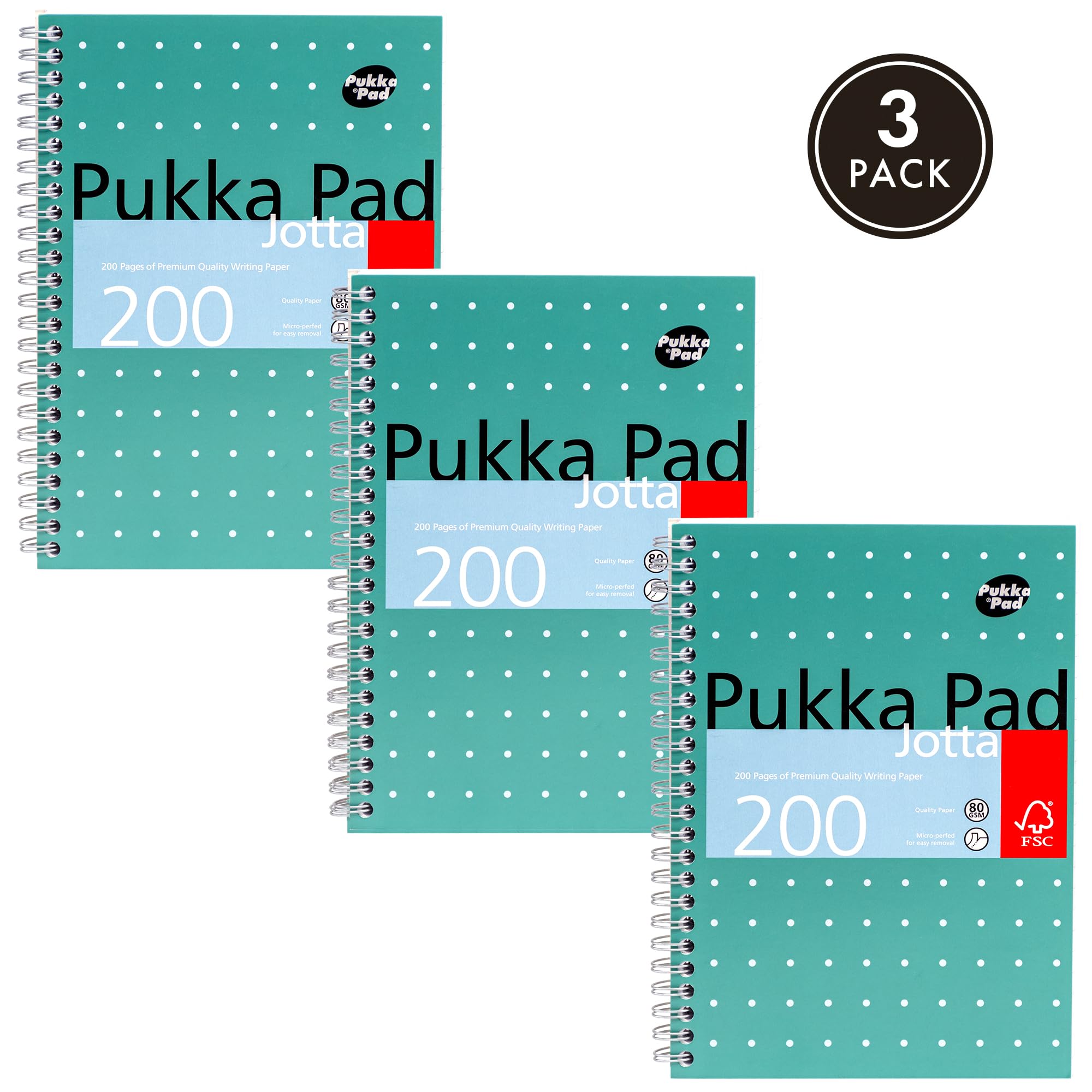 Pukka Pad, A5 Metallic Jotta notizbuch 3er-Pack für Zuhause, Schule und Büro – 15 x 21 cm – spiralbindung Notizbuch mit 8 mm Liniert und 80 g/m² Papier – mit perforierten Kanten – 200 Seiten, grün 3