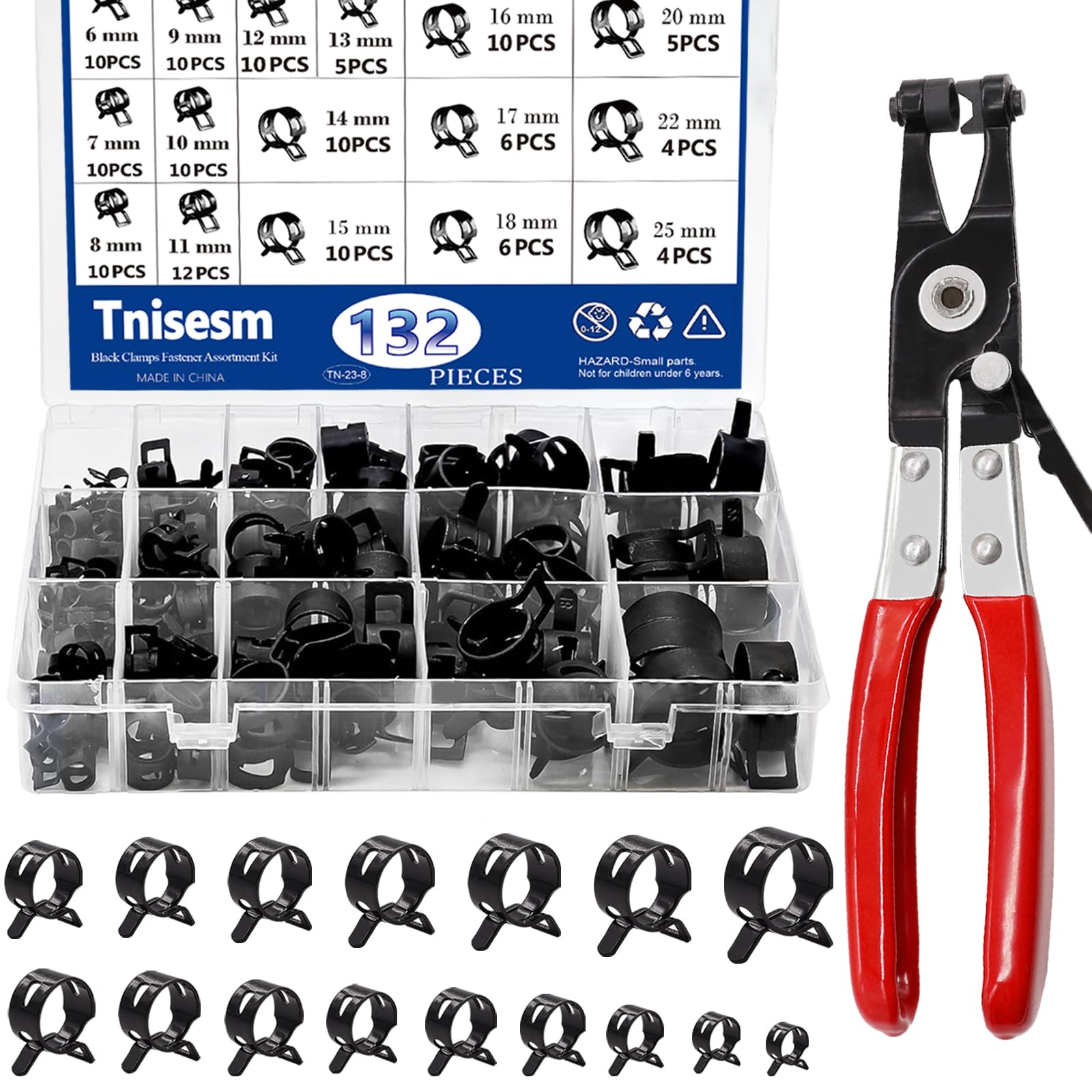 132Pcs 6-25mm Spring Band Hose Clamps With Swivel