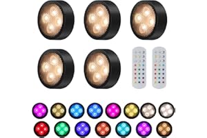 MIOBLUE 5 Pack Puck Lights, Under Cabinet Lights Stick on Tap Light Push Lights with 2 Remote Controls, 15 Colors Changeable LED Push Lights Battery Operated Dimmable & Timer for Kitchen,Closets,Shelf