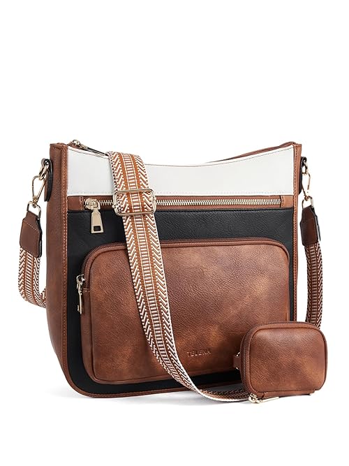 Telena Crossbody Bags for Women Leather Hobo Shoulder Handbag with Mini Wallet Guitar Strap Zipped Pockets Beige Black Brown