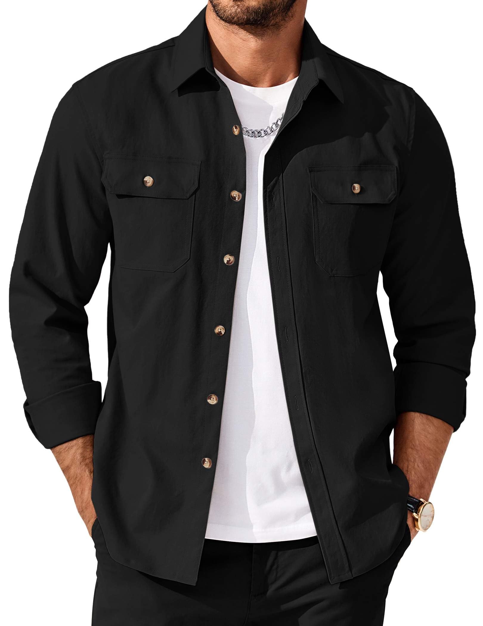 COOFANDY Mens Shirt Jacket Casual Button Up Shirts Long Sleeve Lightweight Shacket with Flap Pockets