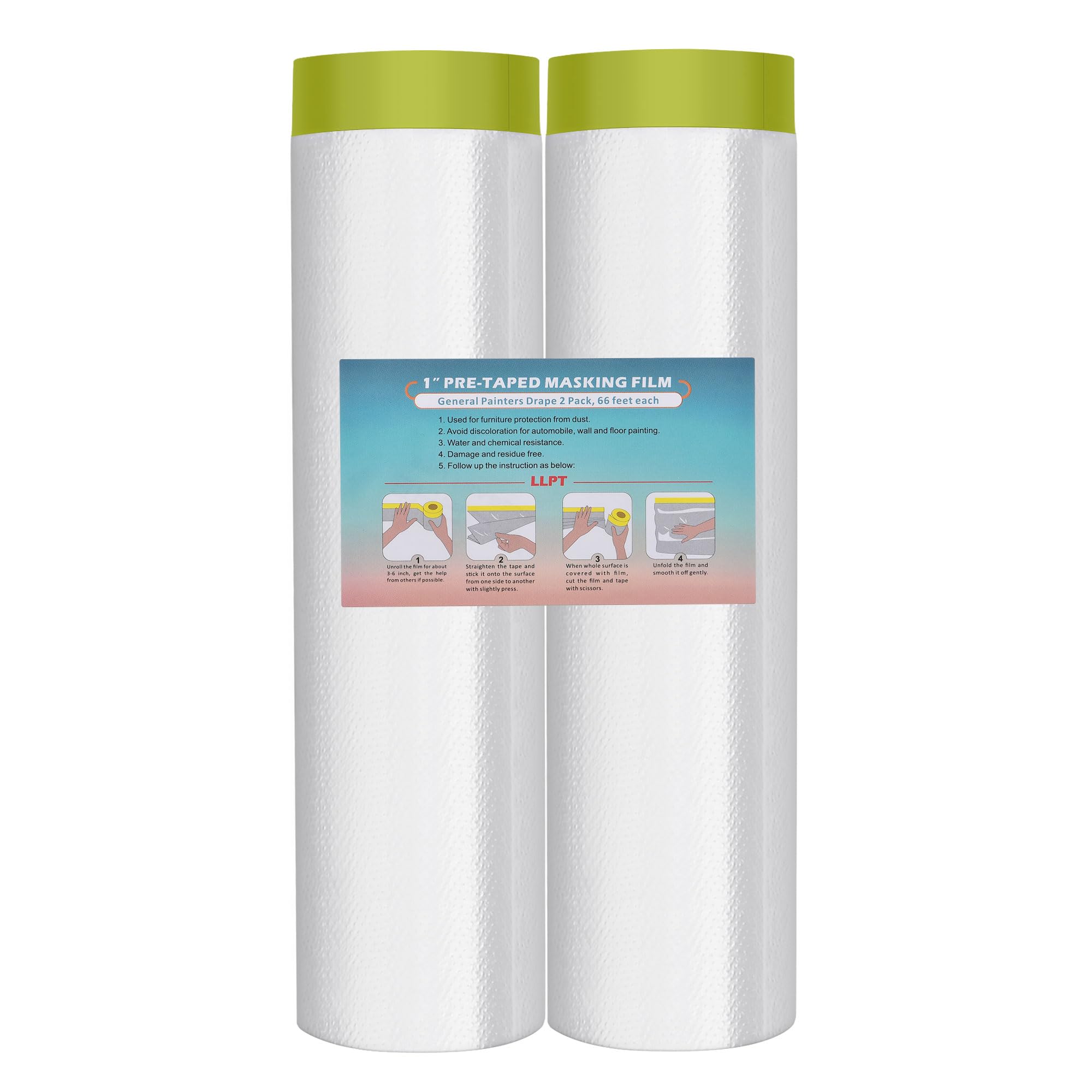 LLPT Tape and Drape Pre-Taped Masking Film | 2-Pack | 400cm(Unfolded) x 20m | Versatile Painter's Plastic Dust Sheets | for Auto Wall Painting and Spraying Protection (MFTG4020) | Green Washi Paper