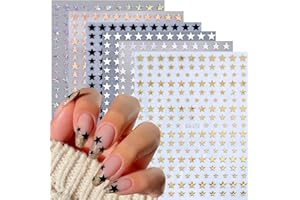 BSBTBZ 6 Sheets Star Nail Stickers 3D Glitter Shiny Gold Silver White Black Stars Nail Art Sticker Geometry Star Sticker DIY Transfer Decal Designs Nail Tips DIY Manicure Luxury Nail Art Decoration Supplies