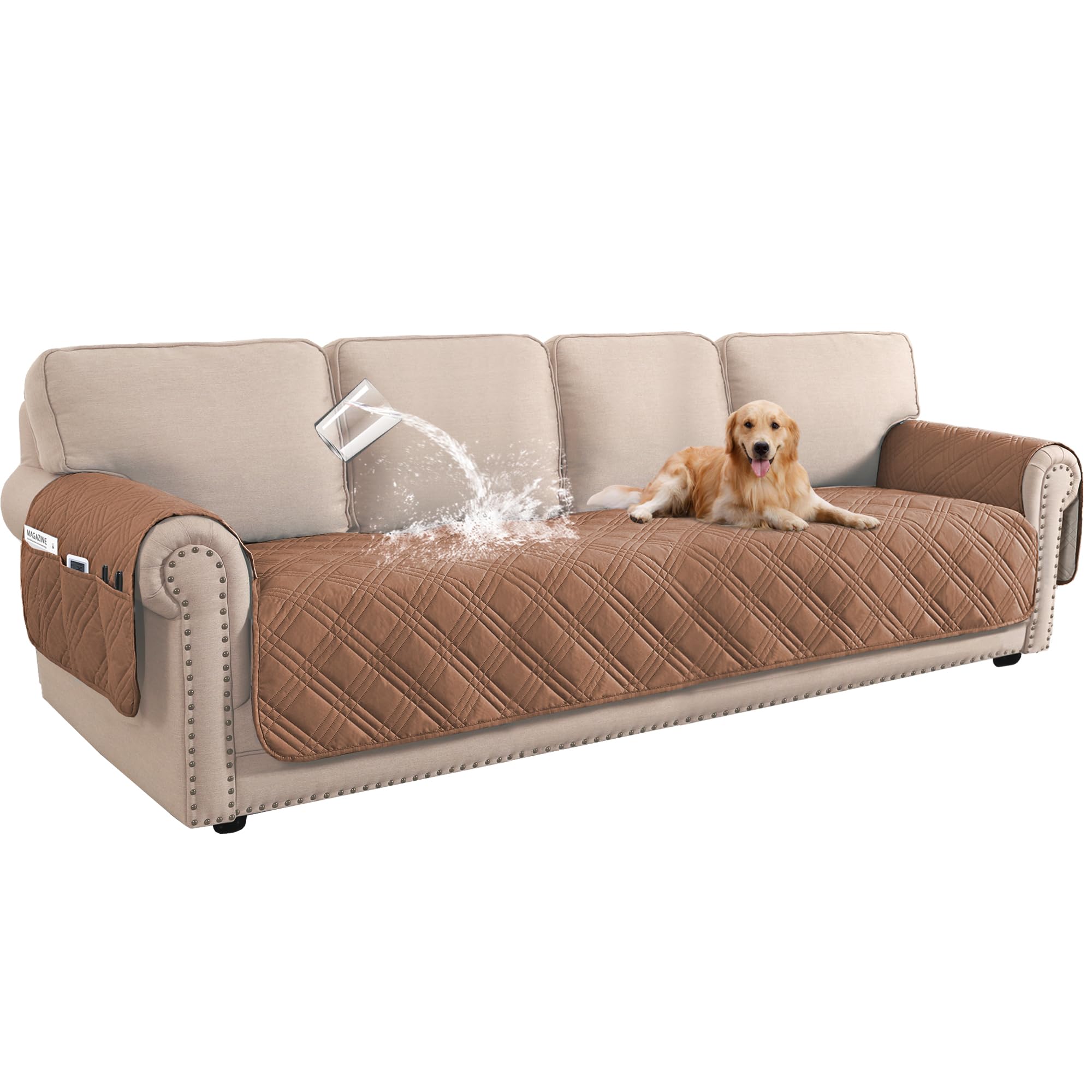 BellaHills 100% Waterproof 4 Seater Sofa Cover Slipcovers Couch Cover for Living Room Washable Sofa Seat Covers with Side Pocket Pet Couch Protector (Terracotta)