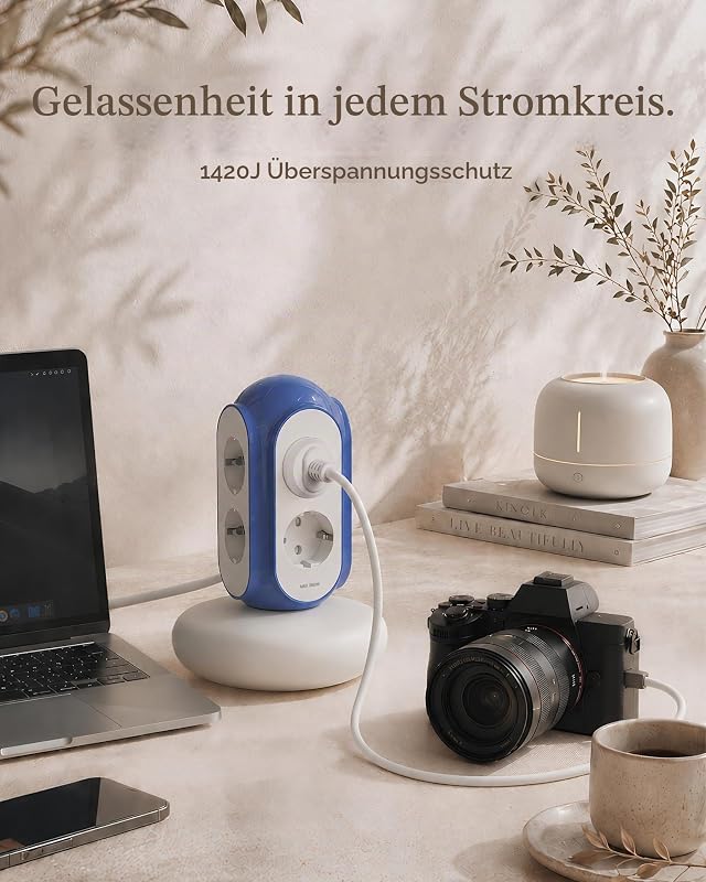 Steckdosenturm Mehrfachsteckdose 6-Fach mit Schalter, 3680W/16A, 1420J Überspannungsschutz, 2 m Kabel, 479g Standfuß, Überlastschutz, 850°C Gehäuse, Büro & Schlafzimmer (Mittelmeerblau)