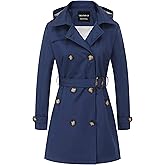 CREATMO US Women's Trench Coat Double-Breasted Classic Lapel Overcoat Belted Slim Outerwear Coat with Detachable Hood