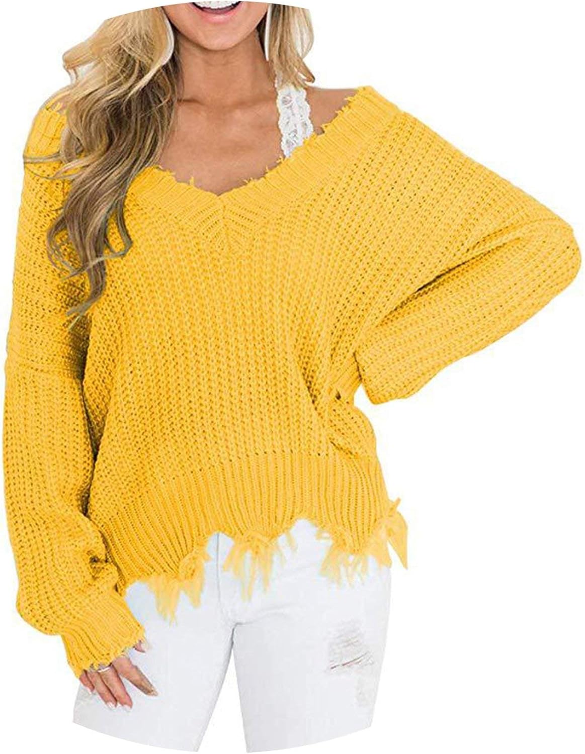 V Neck Fringe Distressed Knitted Female Sweater Long Sleeve Cropped Pullover Loose at Amazon 
