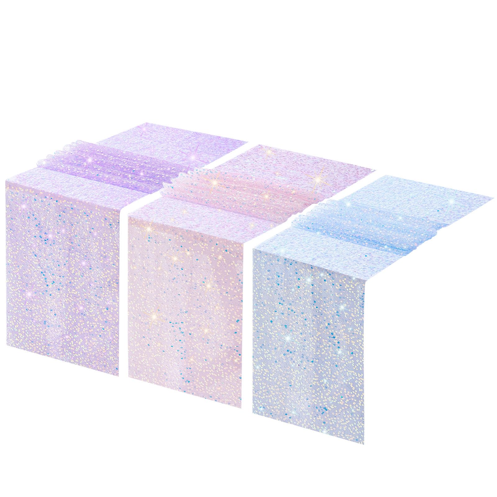 Photo 1 of Windkream 3 Pcs Mermaid Table Runner 12 x 72 Inch Iridescent Sequin Glitter Table Runner Lavender Mermaid Unicorn Themed Party Supplies Wedding Birthday Baby Shower Party Decor