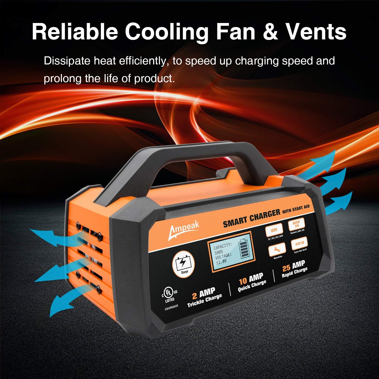 Ampeak 2/10/25A Smart Battery Charger/Maintainer 12V Fully Automatic with Engine Start: Automotive
