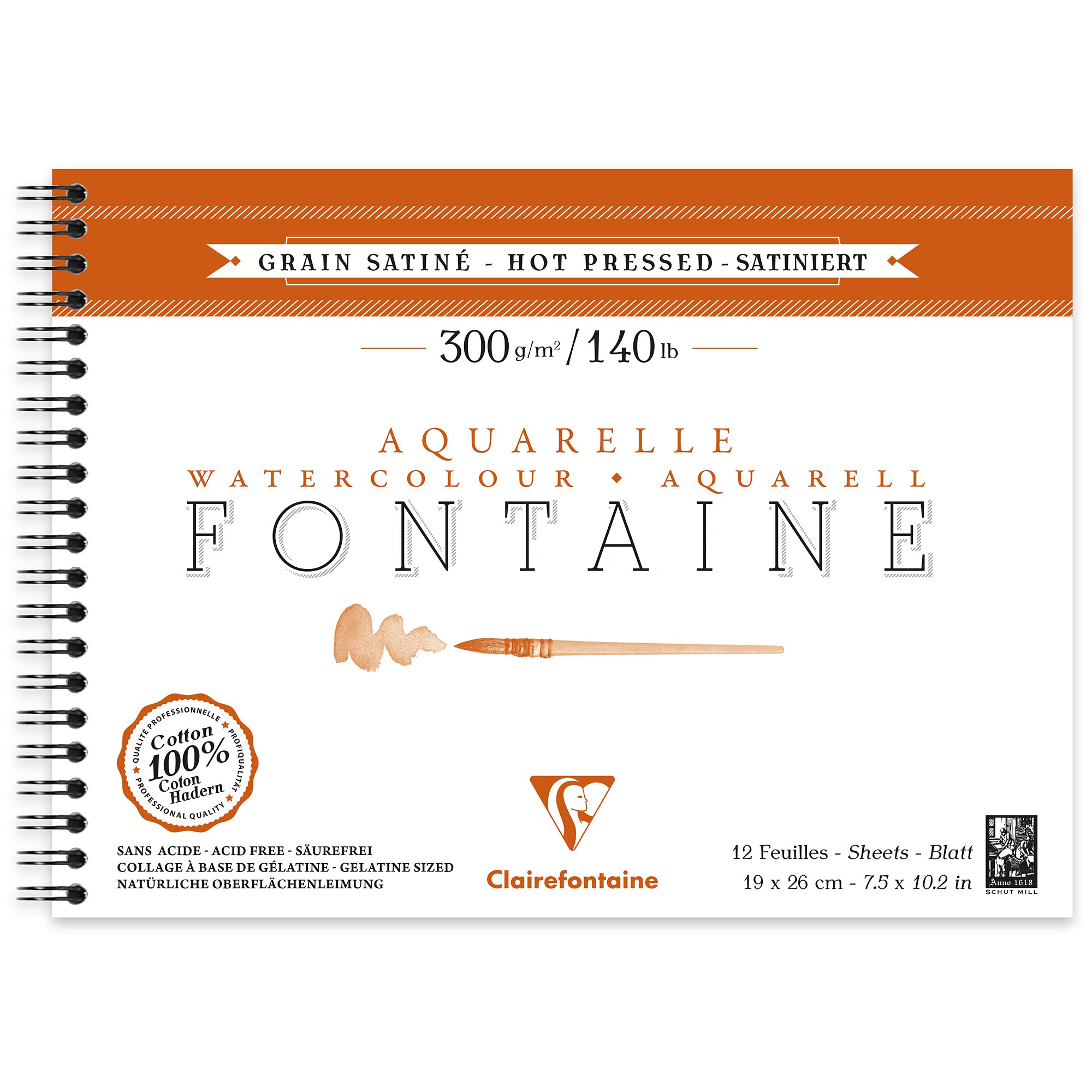 Clairefontaine - Ref 96352C - Fontaine Hot Pressed Watercolour Wirebound Pad (12 Sheets) - 19 x 26cm Size, 300gsm Paper - Suitable for Watercolour Artwork