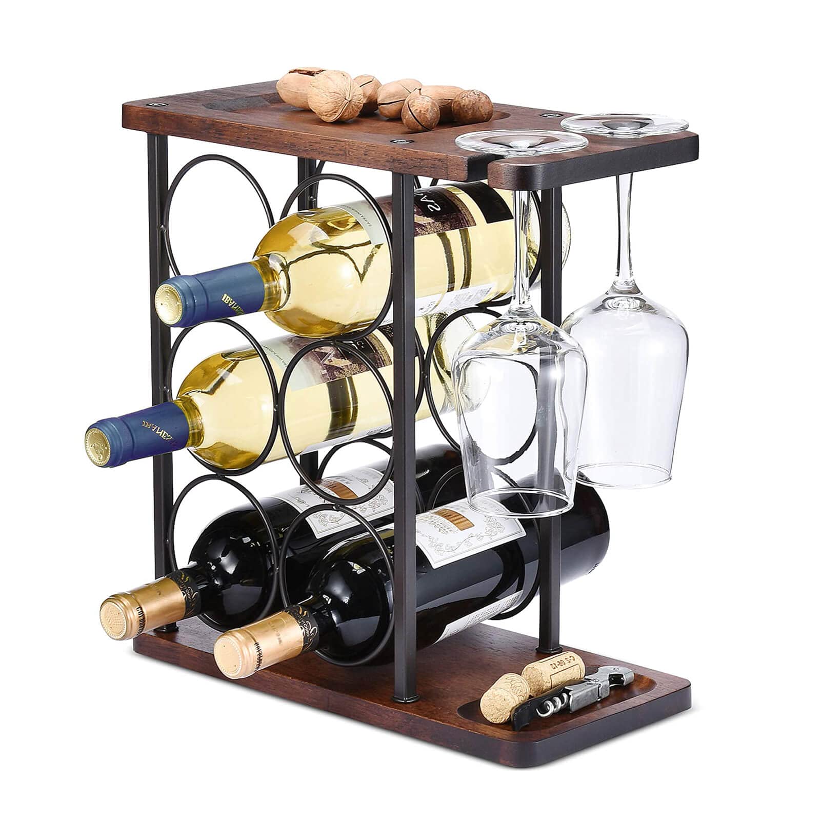 Ouseen Wine Rack with Glass Holder, Tabletop Wine Holder with Tray, Wooden Wine Rack Free Standing, Perfect for Home Decor & Kitchen Storage Rack etc (Hold 6 Bottles and 2 Glasses)