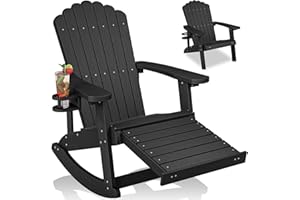 ZHUSI Adirondack Rocking Chair Outdoor with Retractable Ottoman and Cup Holder, Adirondack Chairs with Footrest, Wood-Like Porch Rocker for Patio，Backyard, Garden (Black, 1 PC)