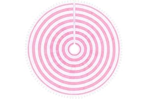 MACTING Christmas Mini Tree Skirt 30 Inch Pink and White Small Annual Rings Tree Mat with Pom Poms for Farmhouse Home Holiday Party Indoor Xmas Decorations