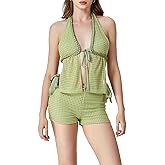 Summer Two Piece Crochet Set for Women Tie Up Halter Open Back Split Cami Tank Top Hollow Out Shorts Beachwear