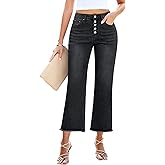 GRAPENT Capri Jeans for Women Trendy High Waisted Wide Leg Flare Button Fly Stretchy Denim Pants Raw Hem Cropped Jeans