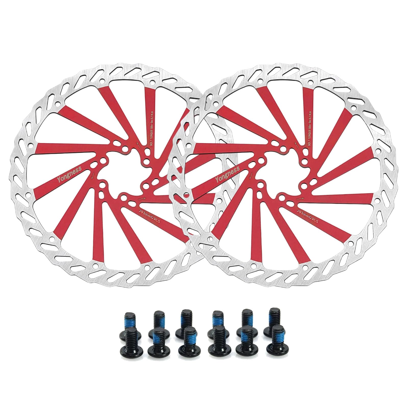 Yongness G3 Bicycle Disc Brake Rotor Silver 6 Hole 203 mm, Pack of 2 with 12 Screws, Stainless Steel Brake Rotor, Compatible with Shimano Tektro Avid Magura Hayes