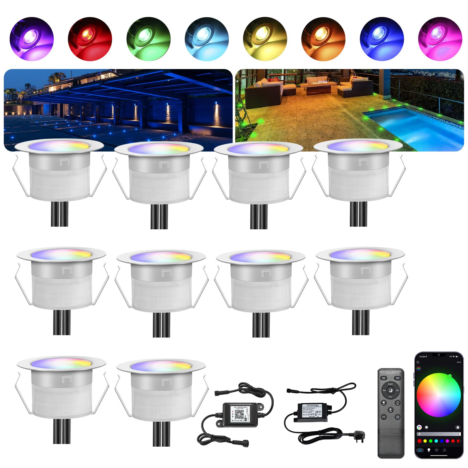 INDARUN RGBW WiFi Led Decking Lights Waterproof IP67 Ø45MM 12V - Led Plinth Light Kits for Terrace/Patio/Path/Wall/Garden/Decoration, 10 Packs