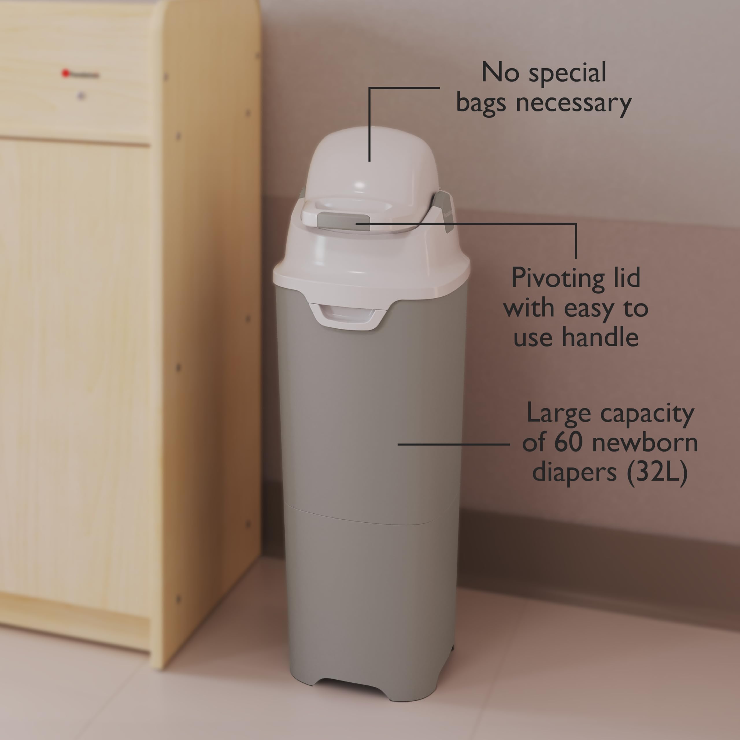 Foundations Tall Diaper Pail with Airtight Lid - Durable & Odorless Diaper Disposal, Large Capacity, Holds up to 60 Newborn Diapers, Refill with Any Bags - Gray