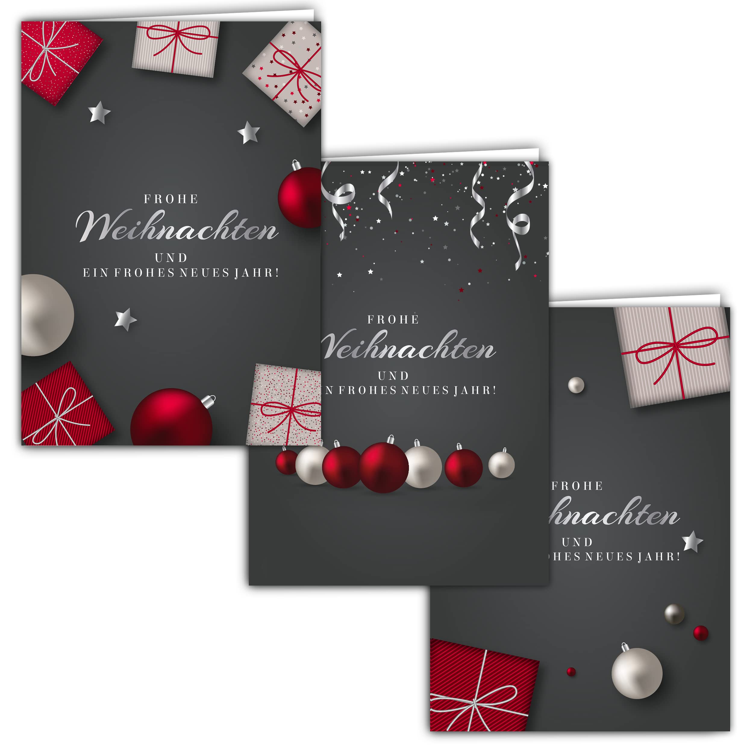 Set of 12 Christmas Cards Folding Cards Square with Envelopes Card Cards Envelopes Shiny Merry Christmas Xmas Grey Red Black Ball Gift Christmas Greetings