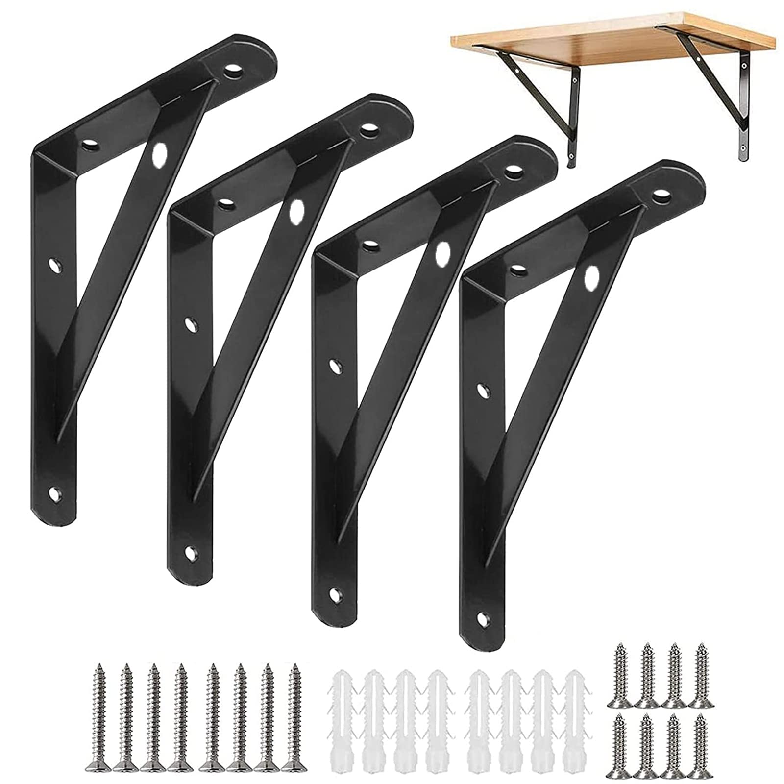Pack of 4 Heavy Duty Brackets Angle Heavy Duty Console Shelf Brackets with Screws and Pins, 150 mm/5.9 inches, Load Capacity 30 kg, Shelf Bracket for Wall Mounting, Bookshelves, Garden (Black)