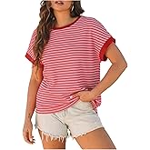WDIRARA Women's Casual Striped Bat Wing Sleeve Knit T-Shirts Color Block Crew Neck Short Sleeve Tops
