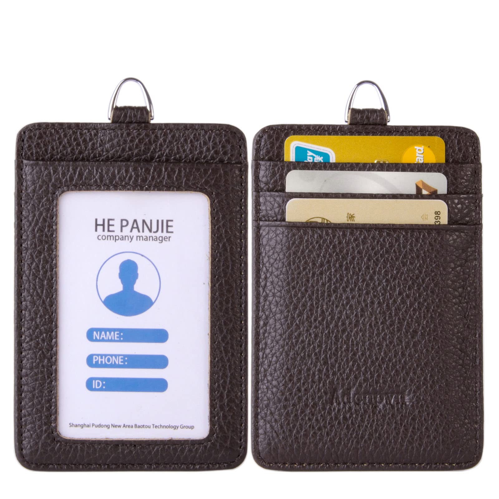 Cow Leather ID Badge Holder with Lanyard(Full Grain Leather,3"*4.5"),1 Clear ID Window and 3 Card Slots,Nylon Neck Lanyard with rotatable and Removable Metal Clasp,Vertical Name Badge Holders