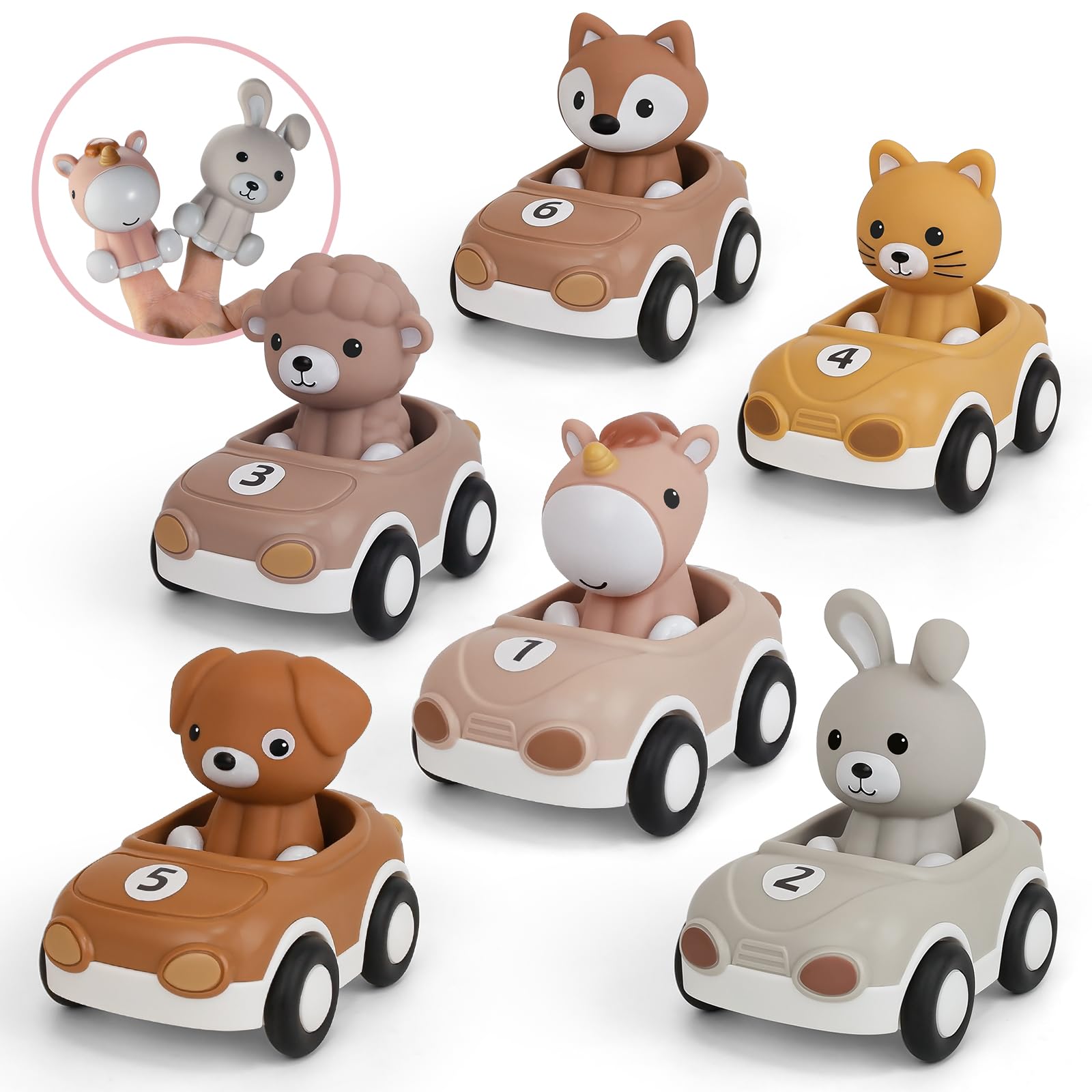 Nueplay 6pack Animal Racing Cars & Finger Puppets for Toddler Girls 1-3 | Infant Friction-Powered Vehicles Gift Set