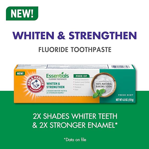 ARM & HAMMER ESSENTIALS WHITEN & STRENGTHEN FLUORIDE TOOTHPASTE-4 PACK OF 4.3OZ TUBES, FRESH MINT- 100% NATURAL BAKING SODA- FLUORIDE TOOTHPASTE