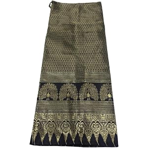 Luxury Thai Sarong, Women's Traditional Wrap Skirt, Handmade Formal Wear, Floral PHA Nung for Party Black