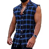 Men's Sleeveless Flannel Plaid Shirts Casual Button Down Cowboy Vest Shirts