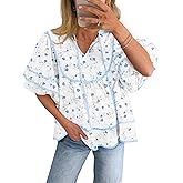 Cicy Bell Womens Summer Floral Babydoll Tops V Neck Short Lantern Sleeve Shirts Cute Loose Fit Flowy Blouses