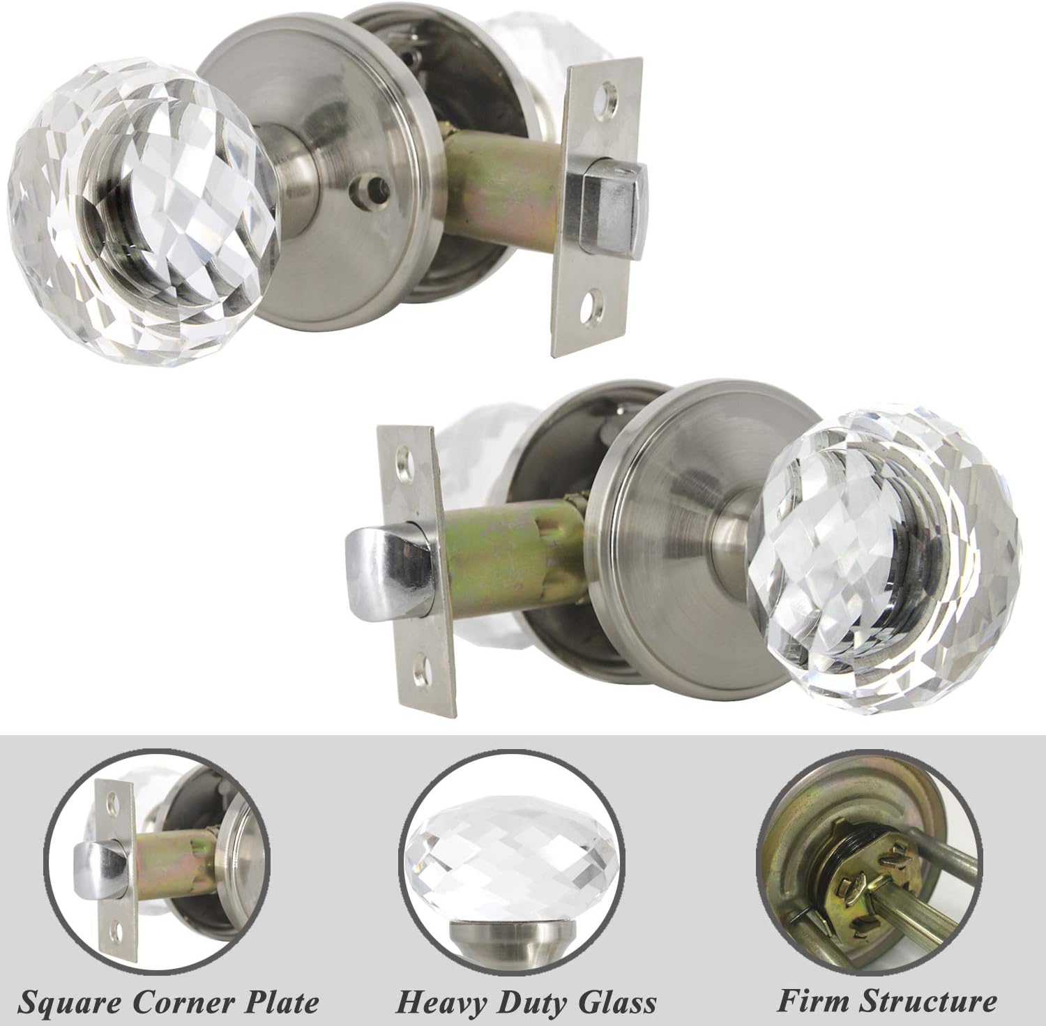 Probrico Diamond Clear Crystal Door Knobs, Passage Function for Hall