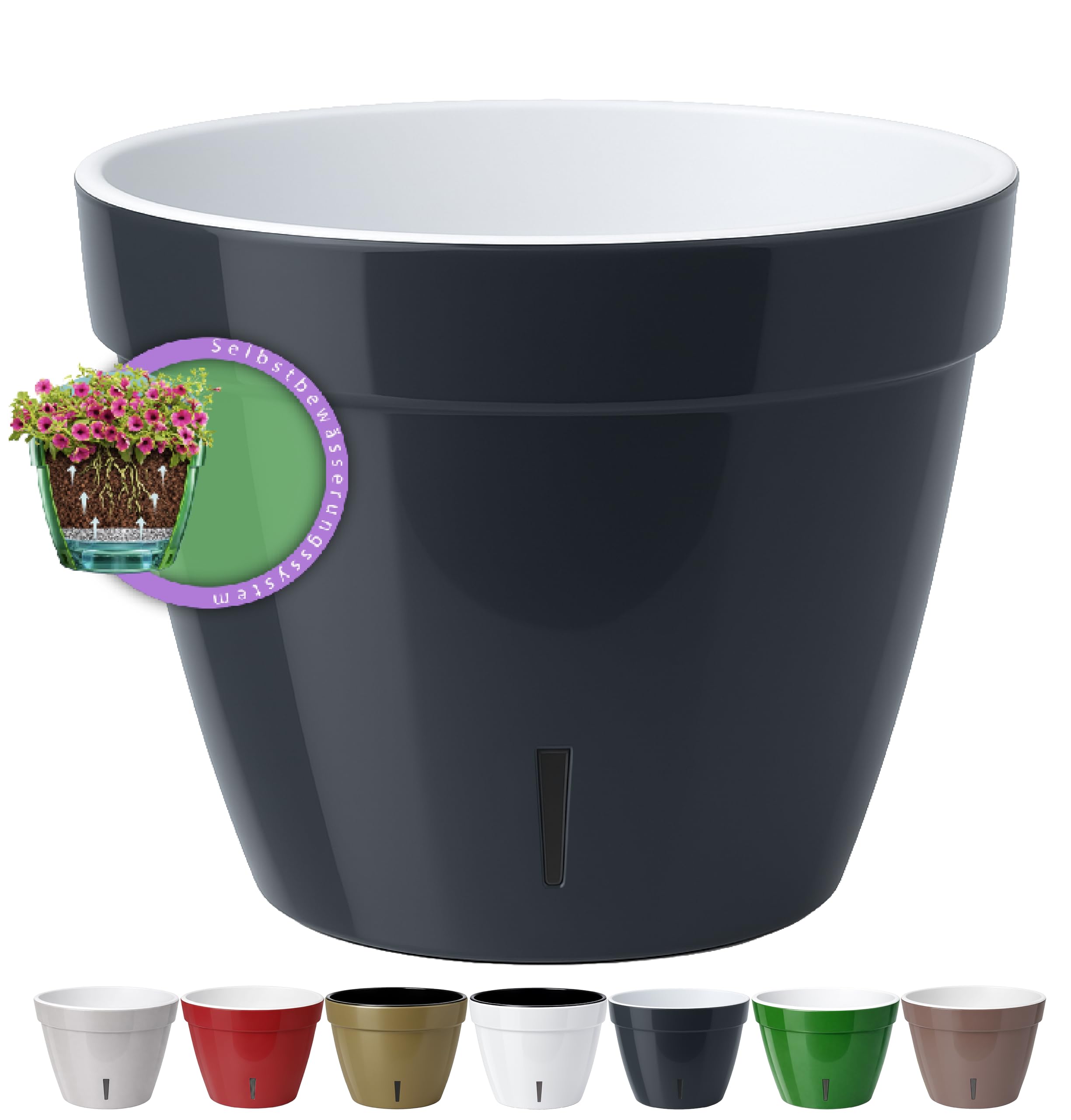 Santino ASTI 7.1 Inch Self Watering Planter for Indoor Plants - Modern Flower Pot w/Water level Indicator for All House Herbs, Plants, Violets and Dahlias - (Ø 7.1 Inch, 2.5 L, ANTHRACITE/BLACK)