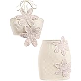 winkbay Women's 2 Piece Crochet Outfits 3D Floral Backless Halter Crop Top and Mini Knit Skirt Beach Vacation Set