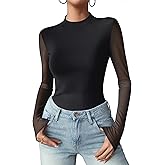 Zeagoo Womens Floral Mesh Long Sleeve Tops See Through Going Out Blouses Mock Neck Sheer Party Outfits Shirts S-XXL