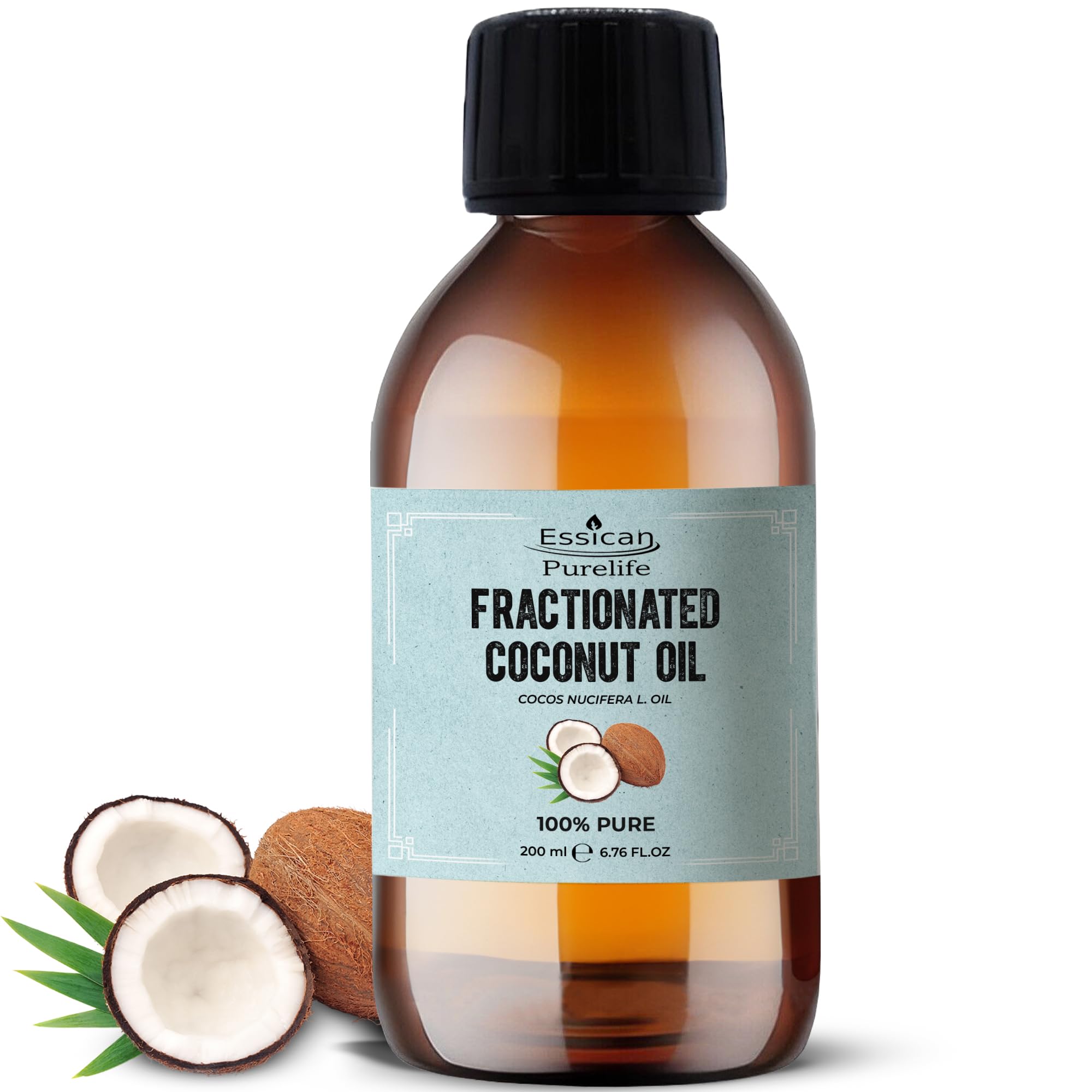 Essican Purelife, Pure Coconut Oil Liquid, 200ml MCT Fractionated Coconut Oil for Skin, Hair & Lip, Carrier Oils for Essential Oils Mixing & Massage, Supports Healthy Hair Growth & Hydrated Skin