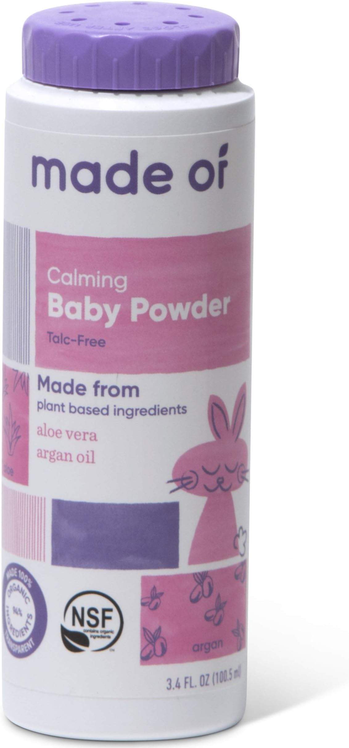 Organic Baby Powder by MADE OF – Fragrance Free, Talc Free Baby Powder with Aloe & Argan Oil – Certified Organic Corn Starch Powder (3.4oz, 1-Pack) –Body Powder for Sensitive Skin & Eczema