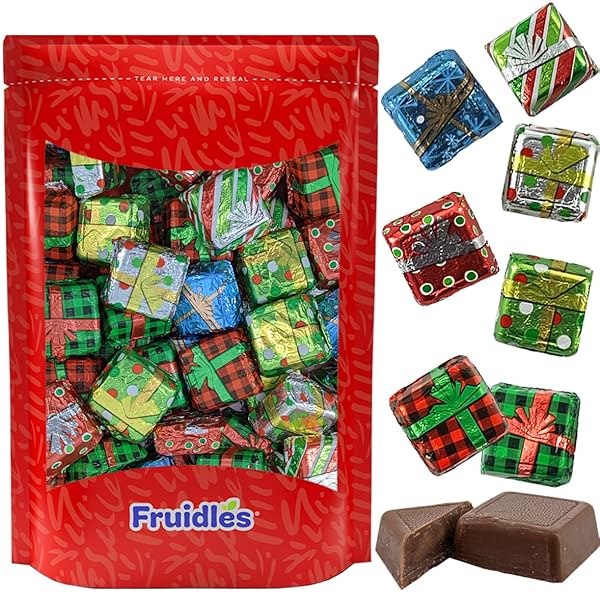 FRUIDLES RICH CHRISTMAS CHOCOLATE PRESENTS SQUARES DESIGN, SMOOTH & CREAMY CHOCOLATE PRESENTS, HOLIDAY PARTY BAG FILLERS, INDIVIDUALLY WRAPPED MULTICOLOR FOILS, KOSHER CERTIFIED DAIRY (HALF-POUND)