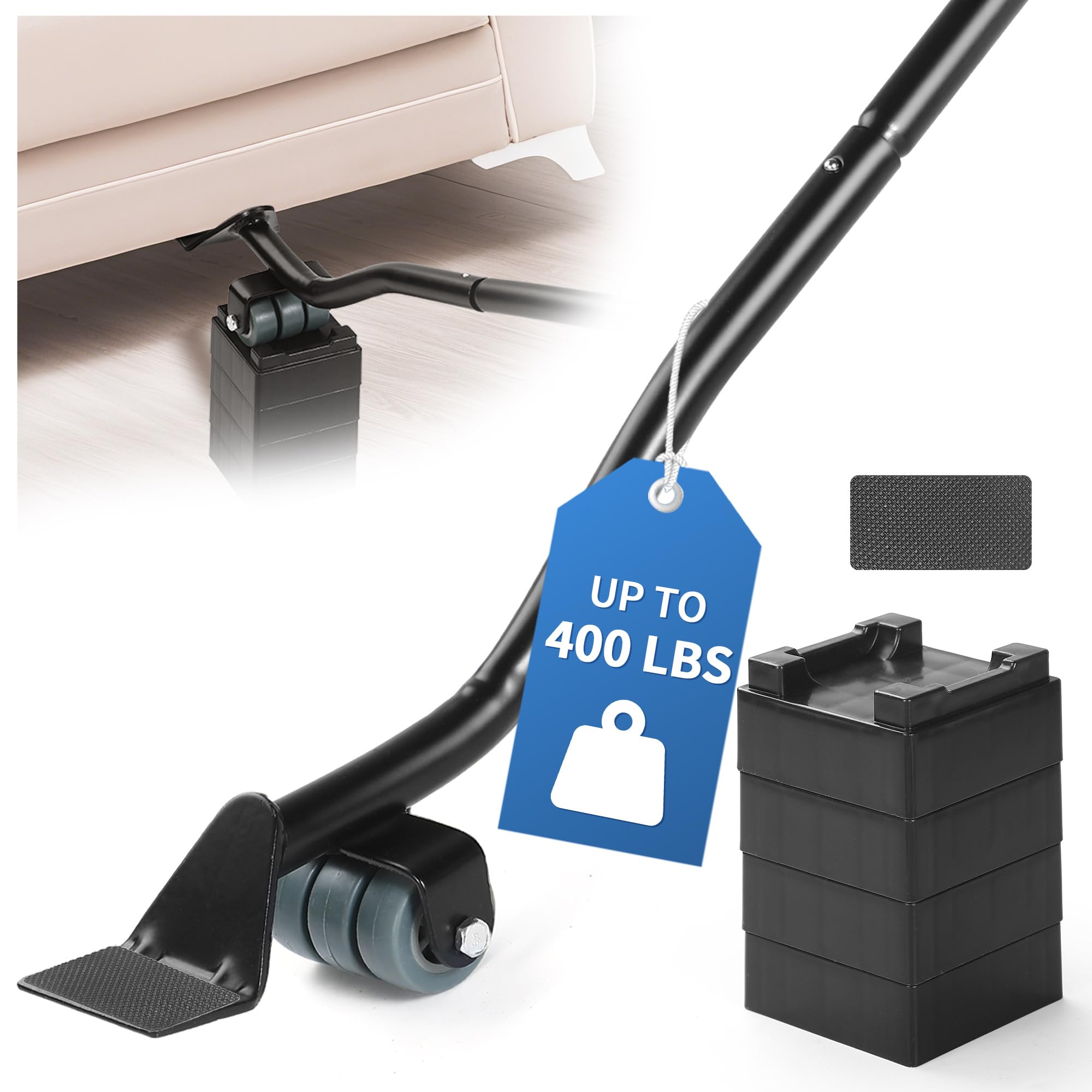 Photo 1 of Furniture Lifter Tool Set – Save 80% Effort – Lifts up to 400 lbs – Heavy-Duty Steel Lever with 4 Plastic Base Pads, Ideal for Moving Sofas, Appliances, Furniture Jack Lifter Tool (25 in)