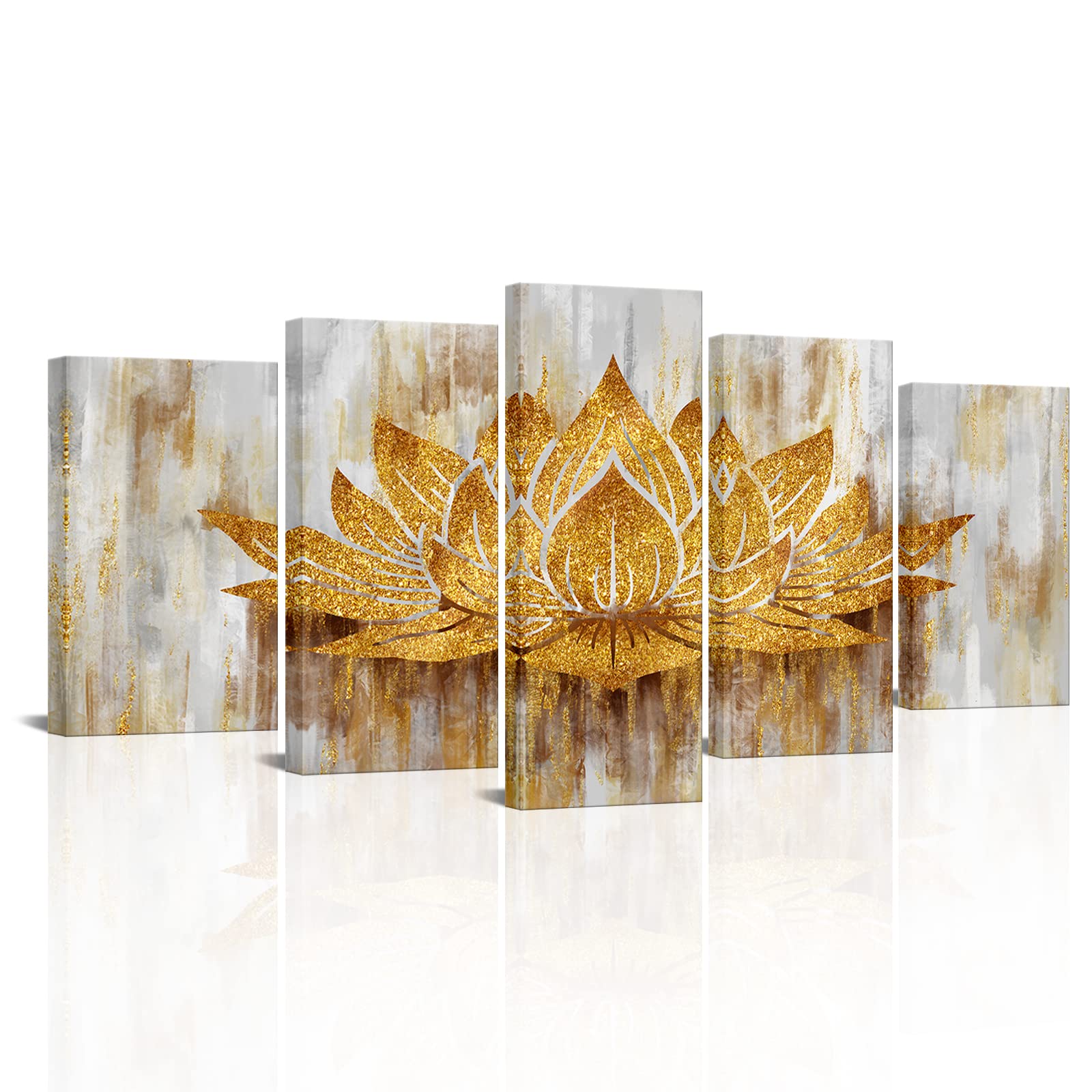 Photo 1 of ***FACTORY SEAL*** sechars 5 Piece Lotus Flower Wall Art Abstract Golden Floral Painting Canvas Prints Zen Artwork for Home Office Living Room Gold Decor Gallery Wrapp Ready to Hang (Medium)