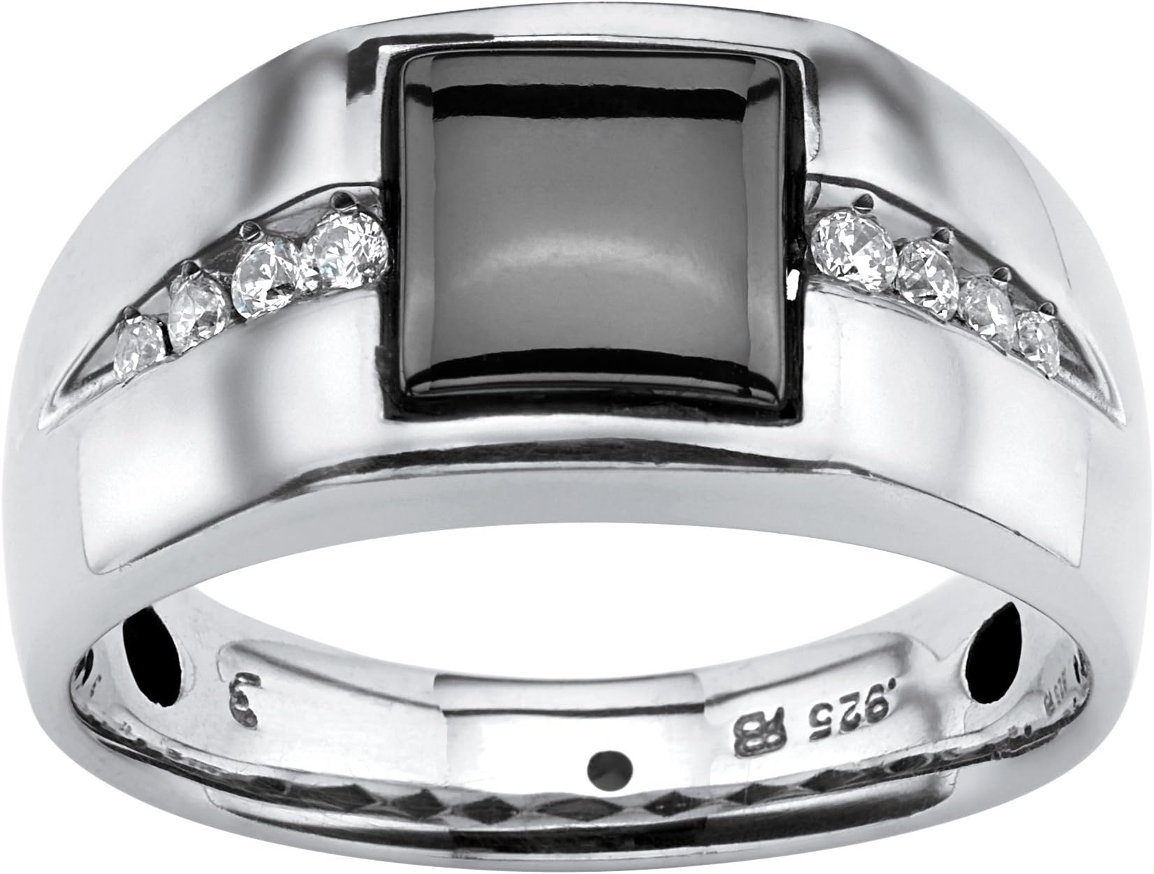 Men's Platinum over Sterling Silver Princess Cut Genuine Charcoal Hematite and Round White Sapphire Ring