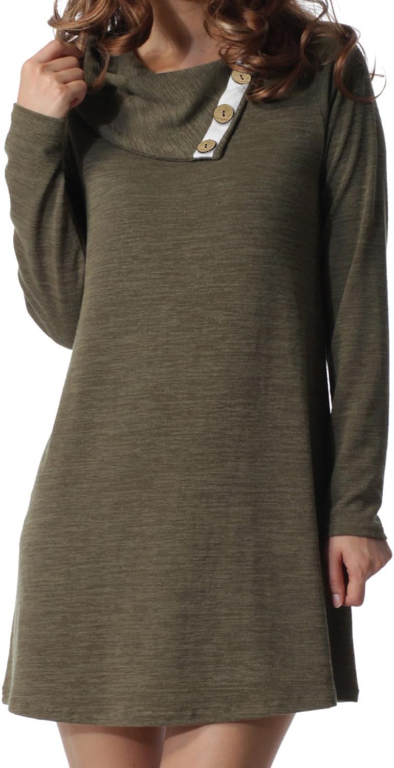 levaca Women's Long Sleeve Button Deco Neck Loose Casual Short T Shirt Dress