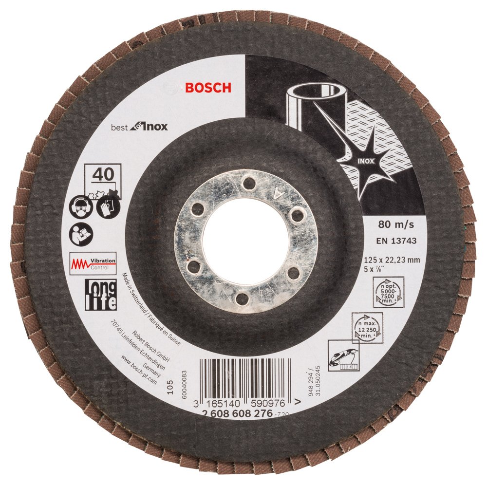 Bosch 2608608276 Straight Flap Disc for Stainless Steel, 0 V, Black, 125 mm