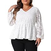 Agnes Orinda Plus Size Lace Tops for Women Casual Elegant V Neck Long Sleeve Floral Peplum Blouses Shirts