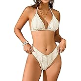 Women's Two Piece Bikini Halter Triangle Cups Ruffle Edge Back Tie High Cut V-Waist Swimwear Ivory