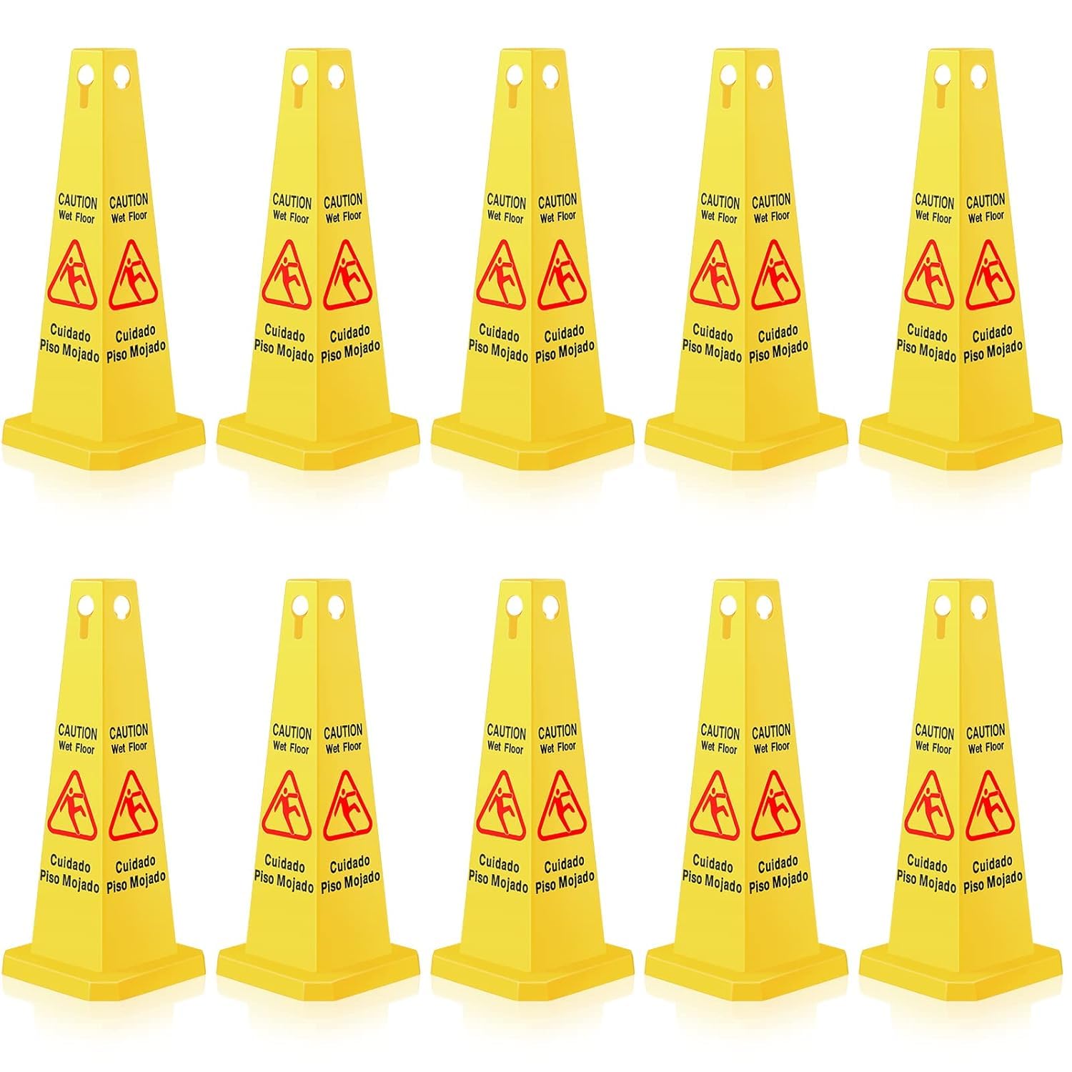 Photo 1 of 10 Pcs Floor Cone Yellow Caution Sign, 4-Sided Bilingual Signs, English/Spanish, Public Caution for Indoors and Outdoors